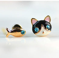 Cute Stud Earrings jewelry FISH and KITTEN blue eyes Rhinestone